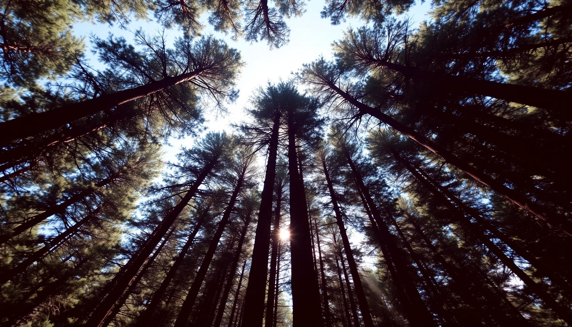 Towering pine trees viewed from below