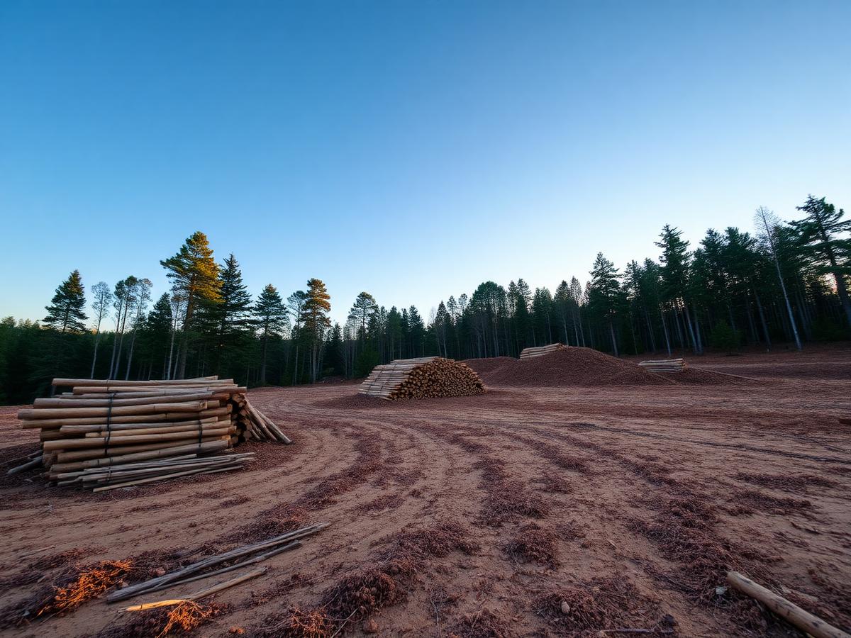 Cleared land project with stacked wood
