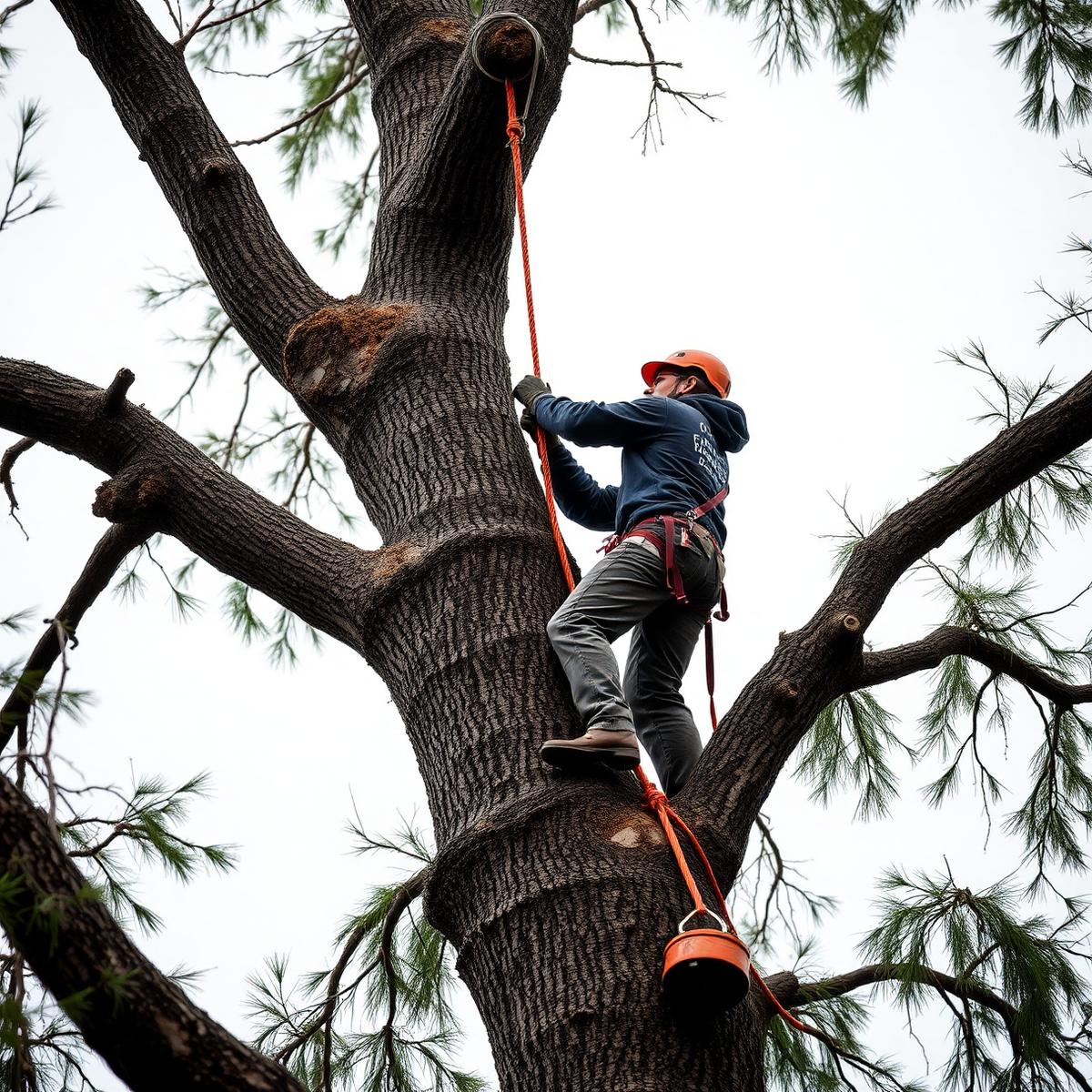 Arborist climbing a large tree with rigging ropes