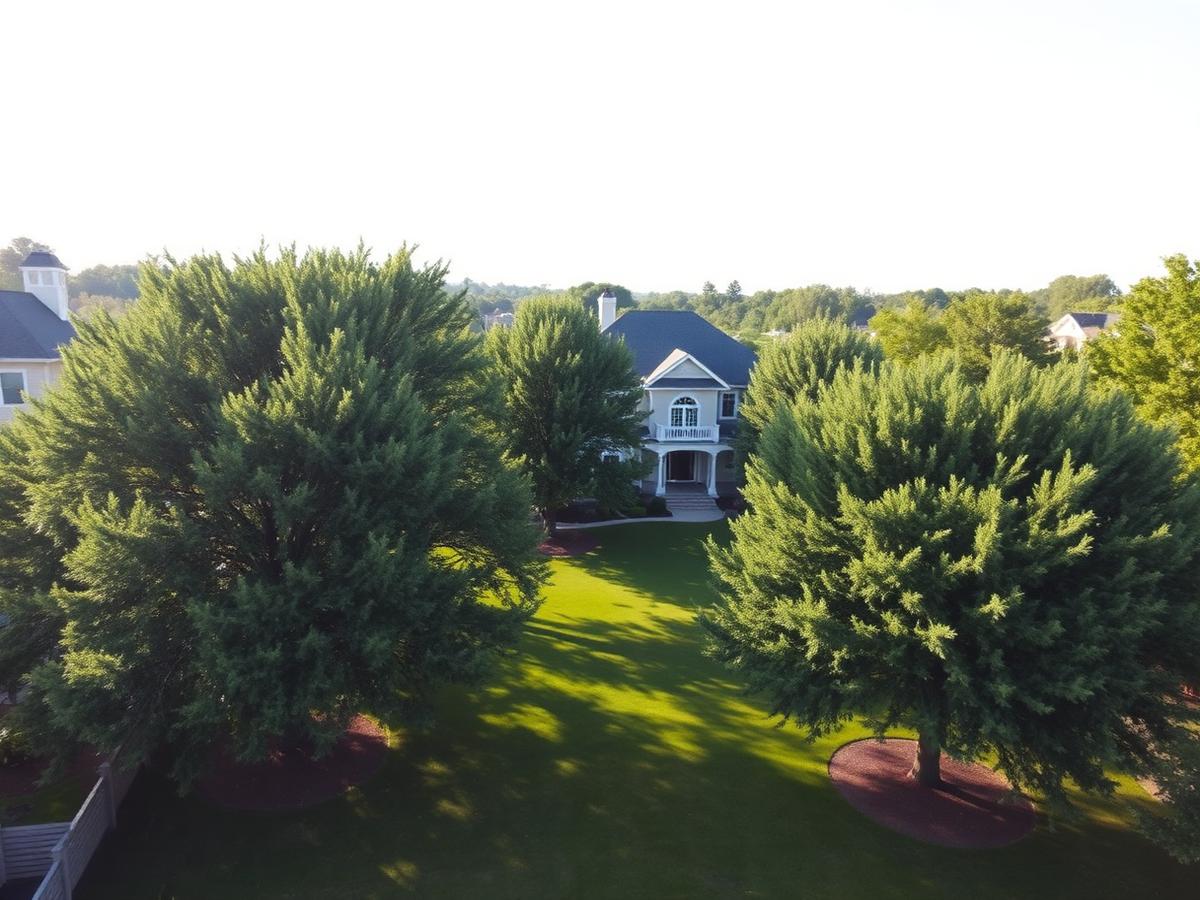 Aerial view of estate with mature trees